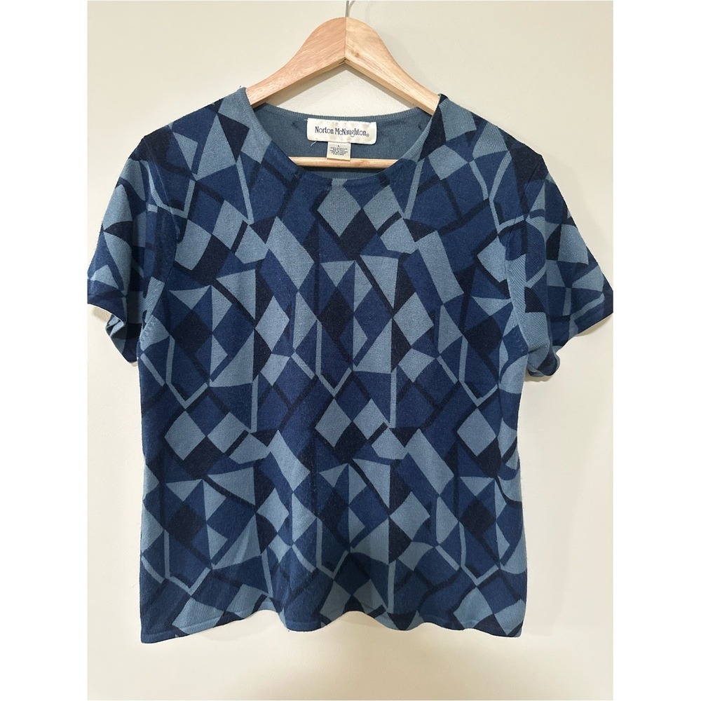 Vintage Geometric Mod Norton McNaughton Knit Top L Blue Short Sleeve Crewneck